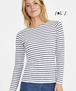 T-shirt Long sleeve Women’s striped pattern 100% combed cotton MARINE